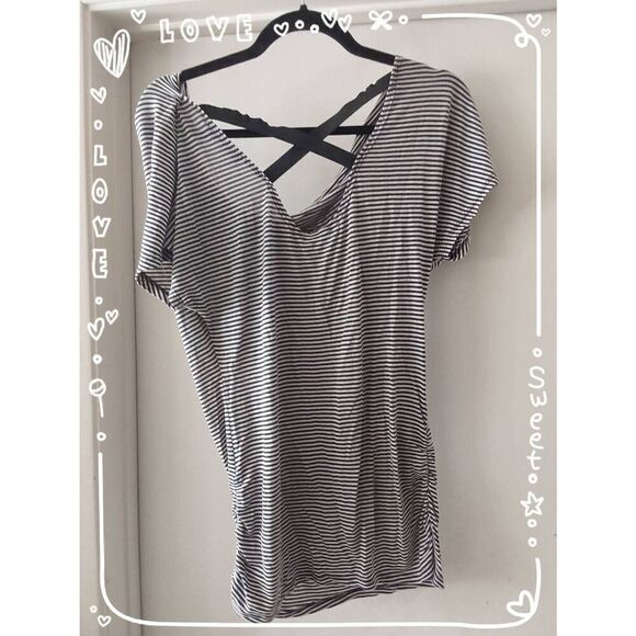 Wet Seal Blue & White Striped Floral Design Ruched Top Sz L - Picture 2 of 2